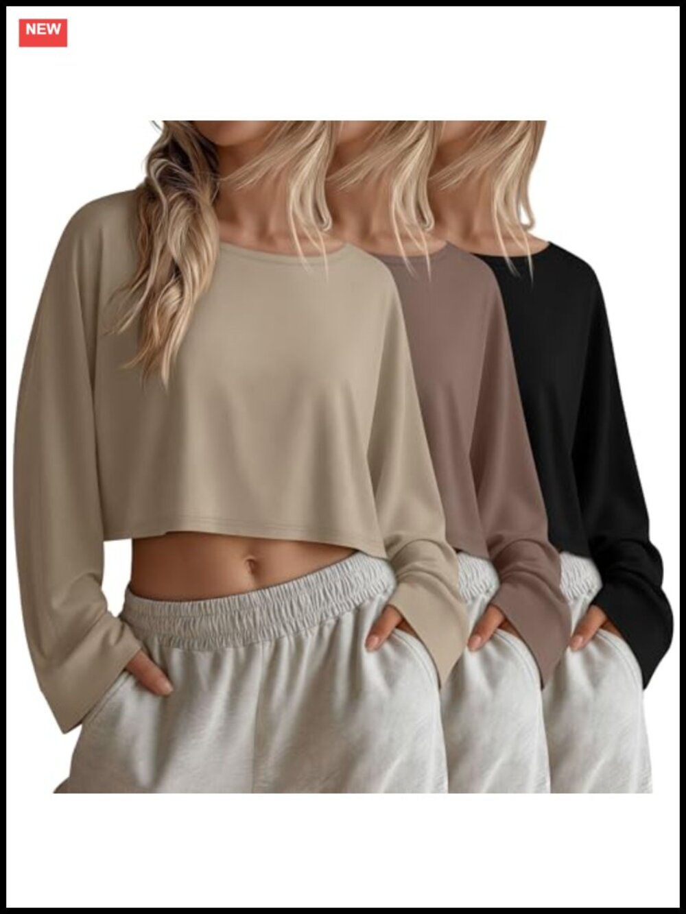 Women's Long Sleeve Crop Tops 3 Pack Cotton Blend Oversized Tees